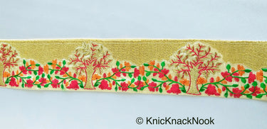 Beige Fabric Trim With Intricate Floral And Trees Embroidery In Gold, Red, Green And Orange Thread
